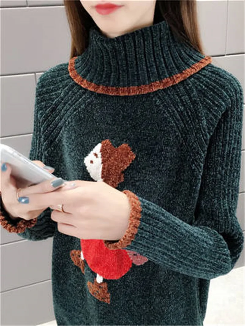 Милый свитер с высоким воротом, женские пуловеры, свободные, новинка, Осень-зима, вязанная рубашка, утолщенные Топы N1110 - Цвет: dark green