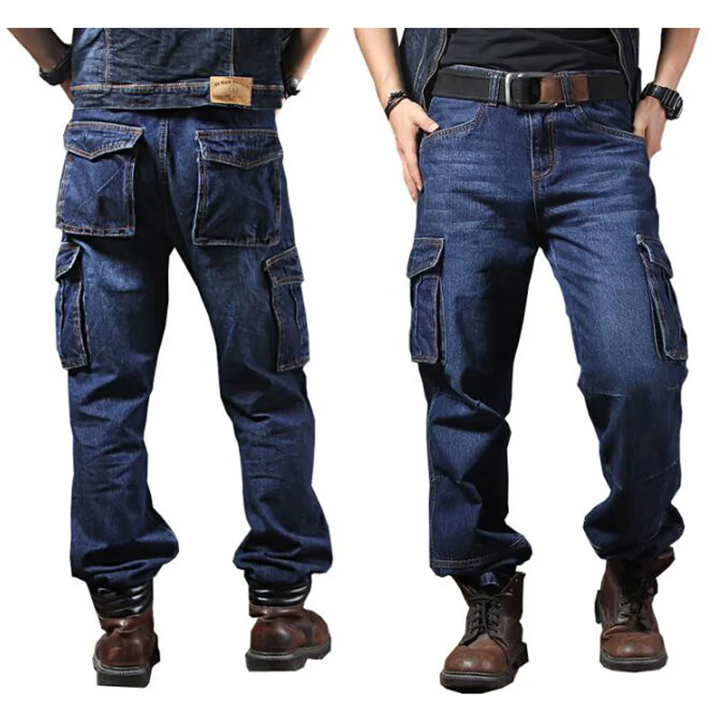 

Men Jeans Straight Cargo Trousers Casual Cotton Overalls Mens Fashion Loose Seasons Men's Jeans Plus Size