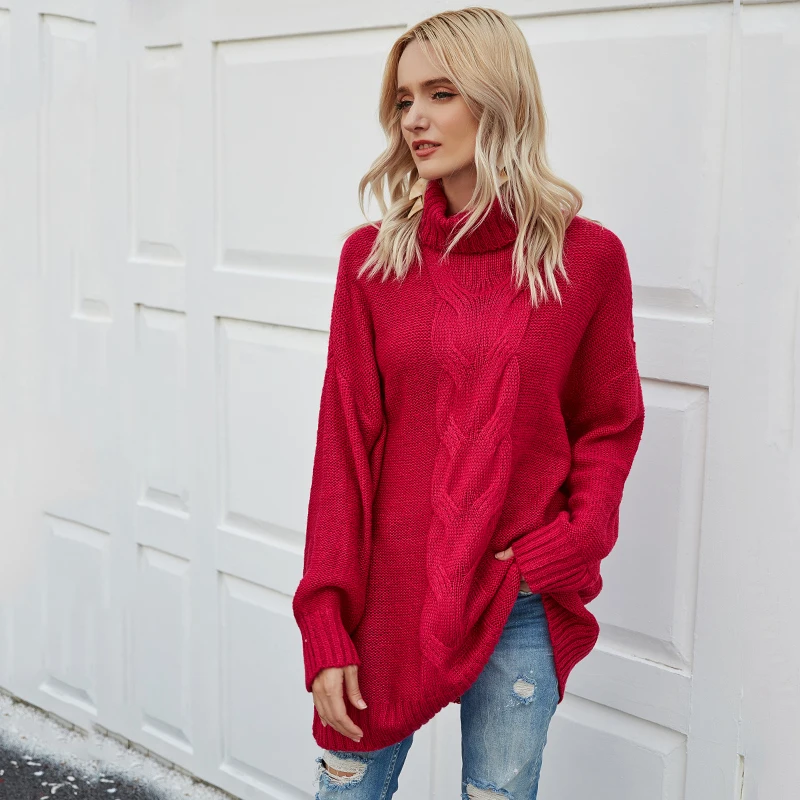 Red long pullovers sweater female casual loose soft turtle neck women autumn winter knited christmas jumper 2022 | Женская одежда