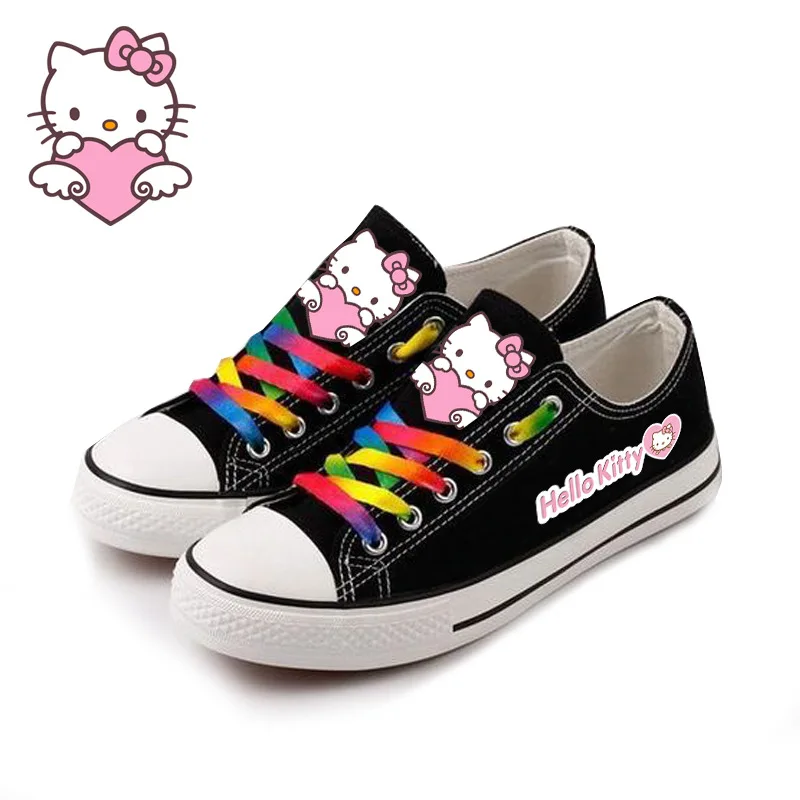 Hello kitty/Летняя женская парусиновая обувь на плоской подошве; Туфли-оксфорды с милым котом; обувь с резиновой шнуровкой; женская обувь для отдыха на плоской подошве