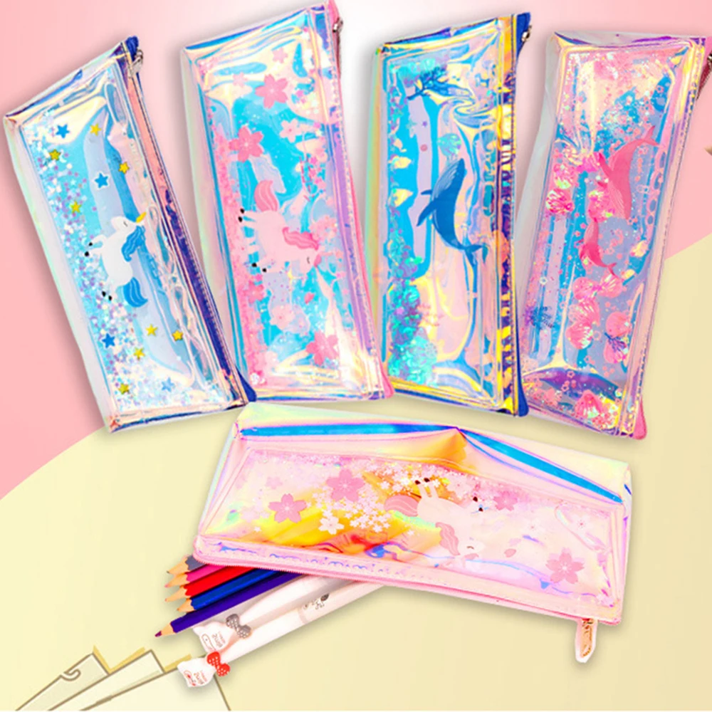 

1 Pcs Creative Cartoon Laser Oil Sand Pencil Bag TPU Leather Magic Color Multifunction Pencil Case Student Stationery
