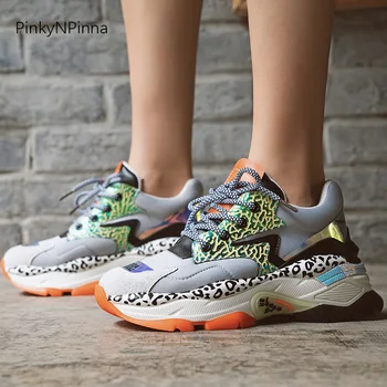 

new women breathable mesh sneakers cowhide suede glitter mixed pop arts street style trendy ladies casual shoes platform flats