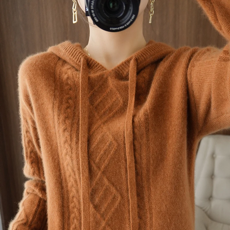 Hot sale new style  cashmere wool ladies hooded sweater loose high-end long-sleeved knitted solid color wool pullover winter