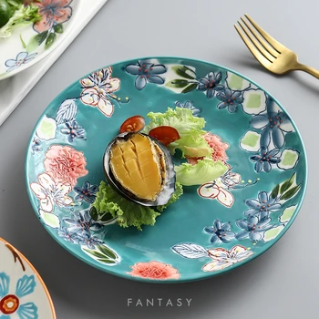 

Home simple tableware hand-painted relief underglaze color plate high-end creative kitchen salad steak sushi plate LB42311