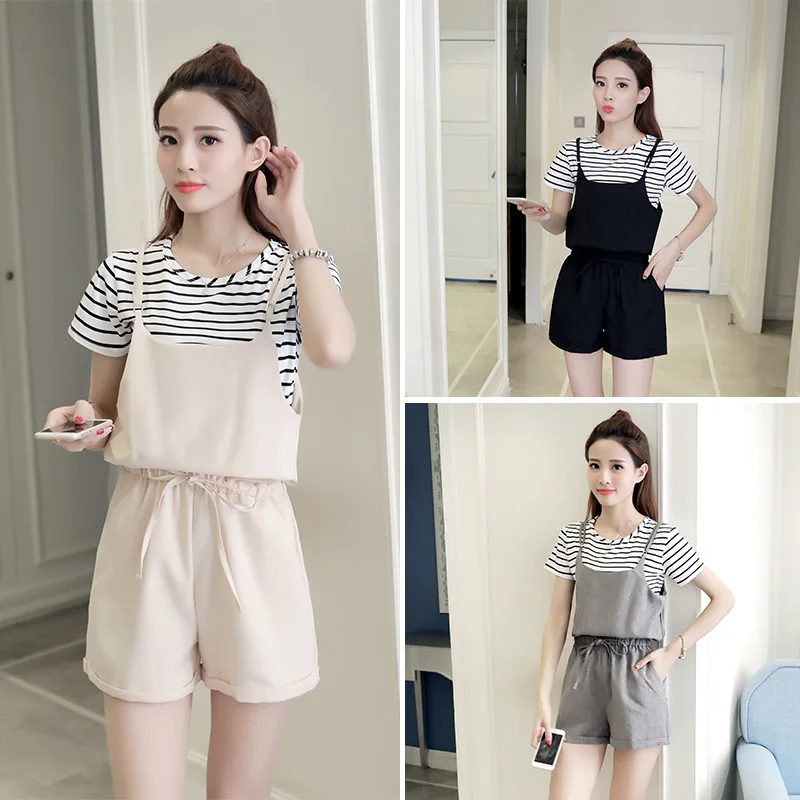 

Photo Shoot Shorts WOMEN'S Suit 2019 Summer New Style Korean-style Fashion Elegant Stripes Loose Pants Skirt Two-Piece Set