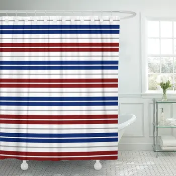 

Navy Nautical Red Blue White Gray Stripes Pattern Barber Shower Curtain Waterproof Polyester Fabric 72 x 78 Inches with Hooks