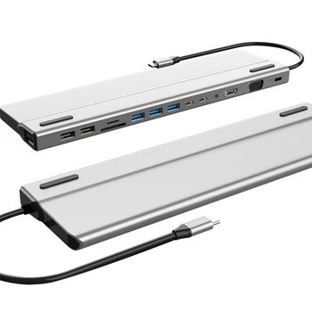 

Portable 14 in 1 Type-C HUB for Laptop 1080P HDMI VGA 87W PD 2 USB-C RJ45 3 USB3.0 2 USB2.0 3.5mm SD TF Adapter Converter