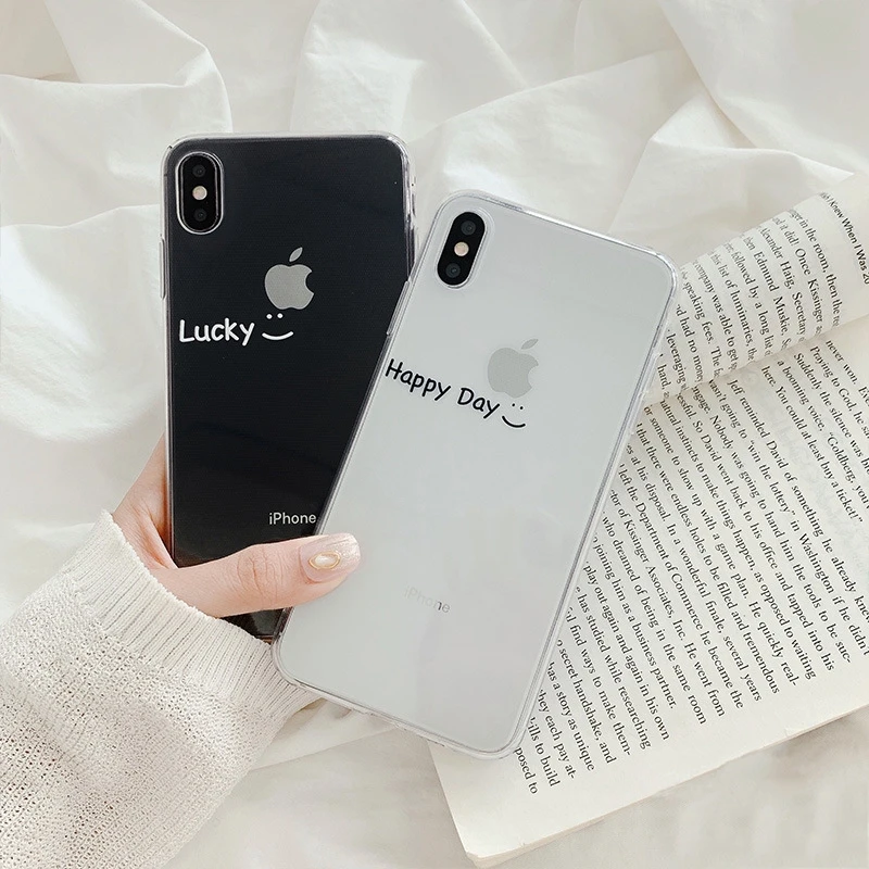 

Simple LUCKY transparent Phone Cases For iPhone X XR 7 7plus 8 Plus 6 6s Plus Couple Soft Back Cover Case