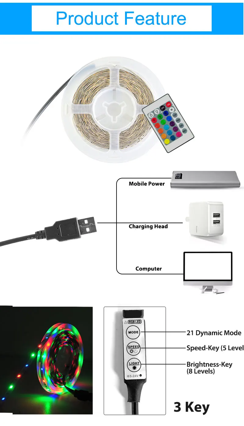 Светодиодная лента 50 см 1 м 2 м 3M 4M 5 м USB DC 5 В гибкий SMD 2835 светильник мини 3Key 24Key Настольный Декор экран ТВ фоновый светильник ing