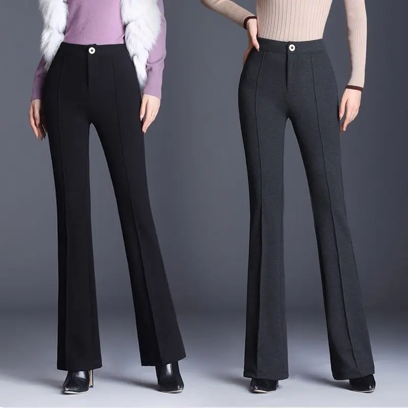 Осень зима элегантные офисные женские брюки клеш с эластичным поясом брюки повседневные однотонные расклешенные брюки женские теплые брюки