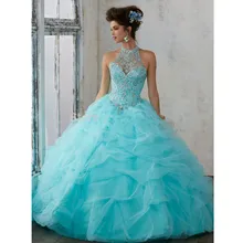 Бирюзовые Бальные платья бальное платье Холтер Тюль оборки бисером кристаллы дешевые милые 16 платья