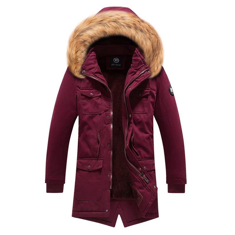 Мужская ветровка, парка, хлопок, утолщенная куртка с капюшоном, зима, новинка, теплая Модная флисовая куртка, пальто с меховым воротником, мужские парки - Цвет: Red HQ911
