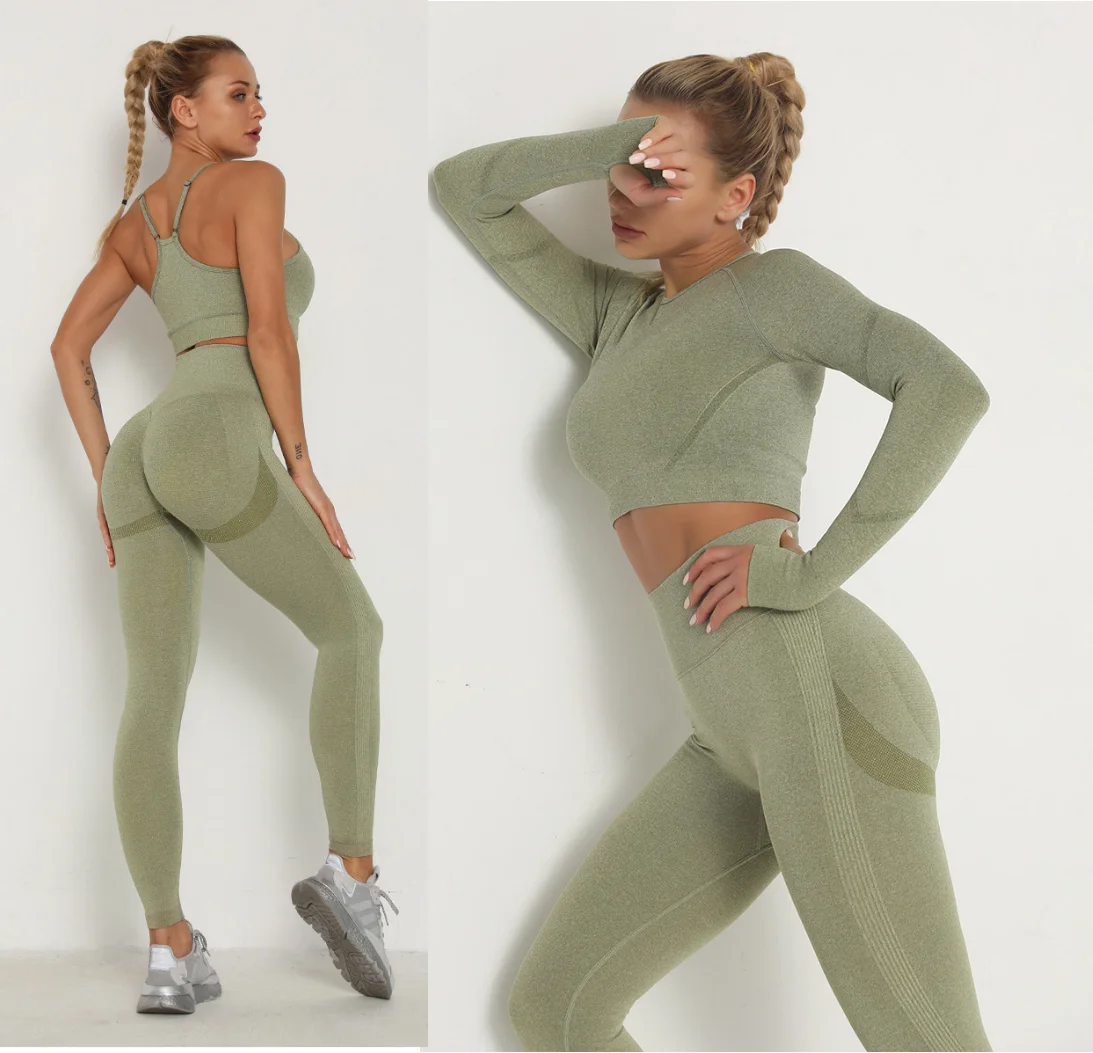 Conjunto deportivo sin costuras para mujer, Top de manga larga para gimnasio, Leggings de Control del vientre de cintura alta, ropa sin costuras, traje deportivo Sexy para chicas