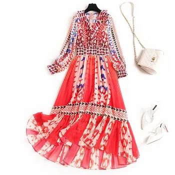 

European 2020 Spring Fashion V Neck Ruffle Long Sleeves Printed High Waist Asymmetrical Hem Plus Size Chiffon Dress Women