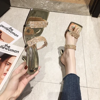 

Lucyever Bling Sequins Thin High Heels Slippers Women Champagne Silver Summer Party Shoes Woman 2020 Fashion Strap Sandals Mujer