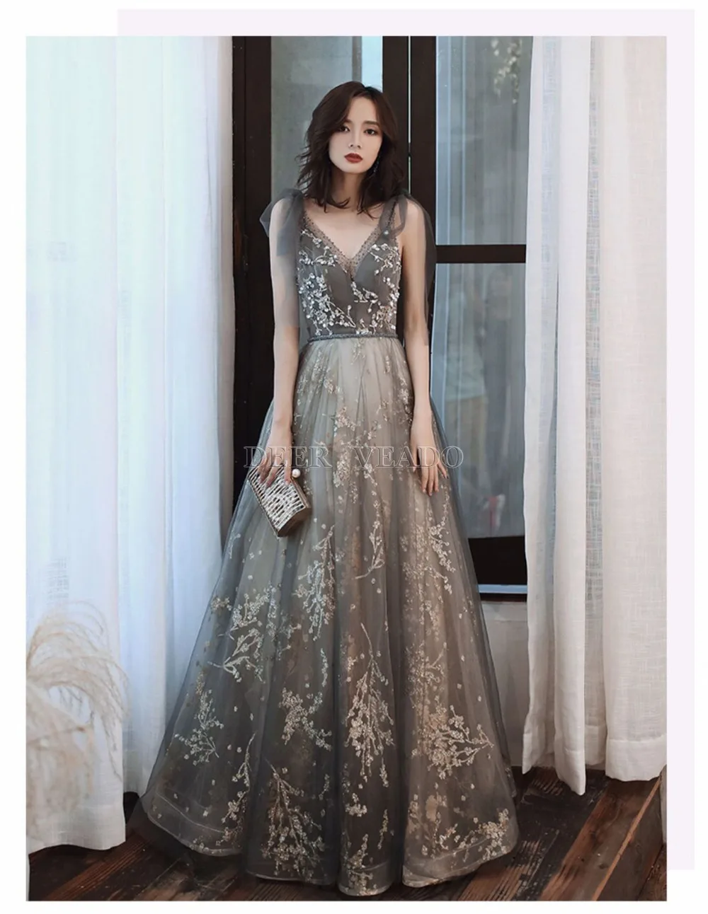 DEERVEADO MFY078 Sexy V Neck Beading Prom Dresses Long 2020 New Arrival Tulle Formal Party Dresses Prom Gown