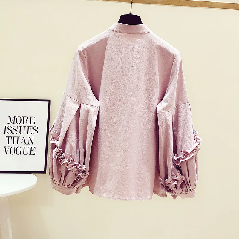 Винтажное с рукавами-фонариками Blusas Woman осень китайский стиль Стенд воротник пластина пряжка рубашка с оборками на рукавах Женские повседневные топы