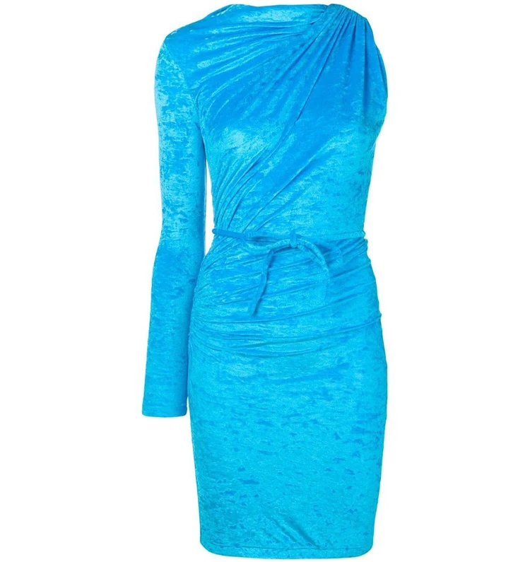 Одно плечо Кайли Дженнер бархатное платье мини вечерние платье новые небесно-голубое длинное с длинными рукавами зимние платья Для женщин Клубное платье
