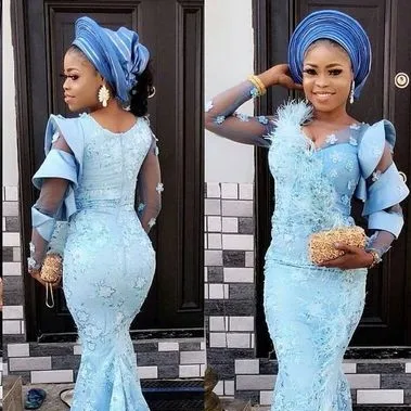 Aso Ebi, стильное платье для выпускного вечера, светильник, голубое, обнаженное, длинные рукава, Русалка, с кисточками, Аппликации, милое, вечернее, длинное платье