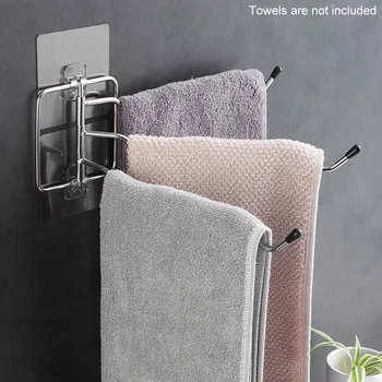 

2pcs Stainless Steel Bar Hanger Self Sticky Swivel Towel Rack 3-Arms No Drilling Wall Mount Multifunction Home Space Saving