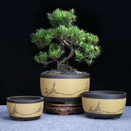 

Bonsai Flowerpot Ceramic Round Large Medium And Small Bonsai Pot Green Plant Pot Drum-shaped Chinese Style Ventilation Basin