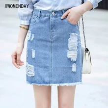 Женская синяя рваная Повседневная джинсовая юбка, новая Корейская облегающая женская юбка, базовая джинсовая юбка с карманом, средняя талия, дикая винтажная юбка