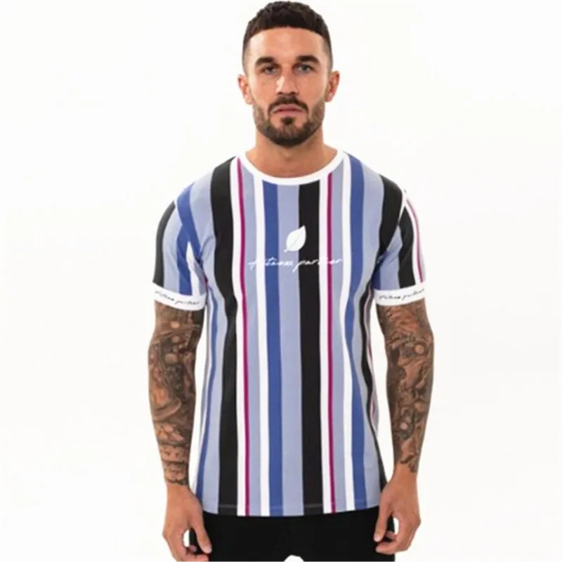 2019 New Mens Summer Striped t shirt Gyms Short sleeve T-shirt Casual Fashion Hip hop Tees Bodybuilding Slim Jogger tops Shirts