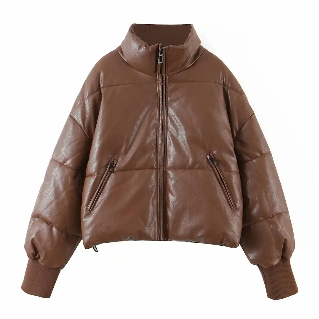 

Winter jacket women vintage korean fashion leather parka zipper up bubble coat faux leather jackets designer quilted coats