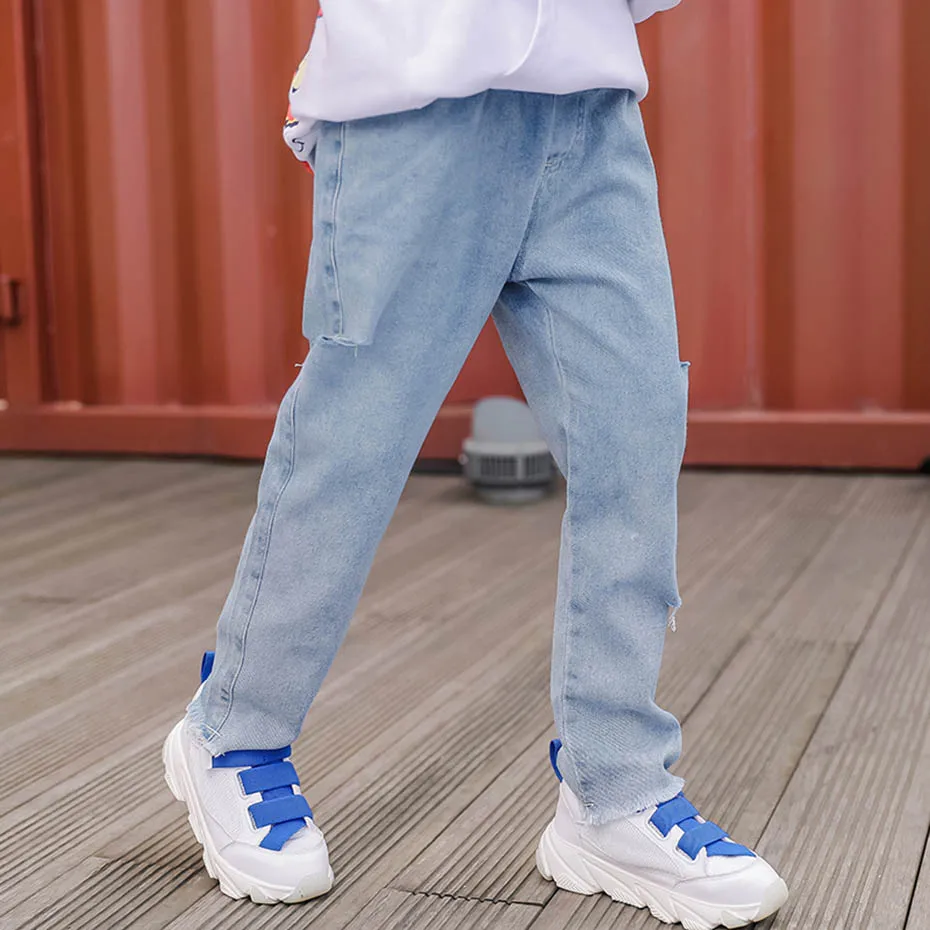 light blue Джинсы для мальчиков; однотонные рваные джинсы для мальчиков; брюки с эластичной резинкой на талии; прямые брюки для детей; Осенние повседневные детские джинсы для мальчиков - Цвет: light blue
