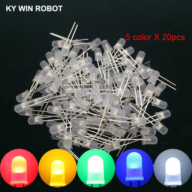 100pcs 5mm LED Diode 5 mm Assorted Kit White Green Red Blue Yellow Orange Pink Purple Warm white DIY Light Emitting Diode Diffused 5 Colors