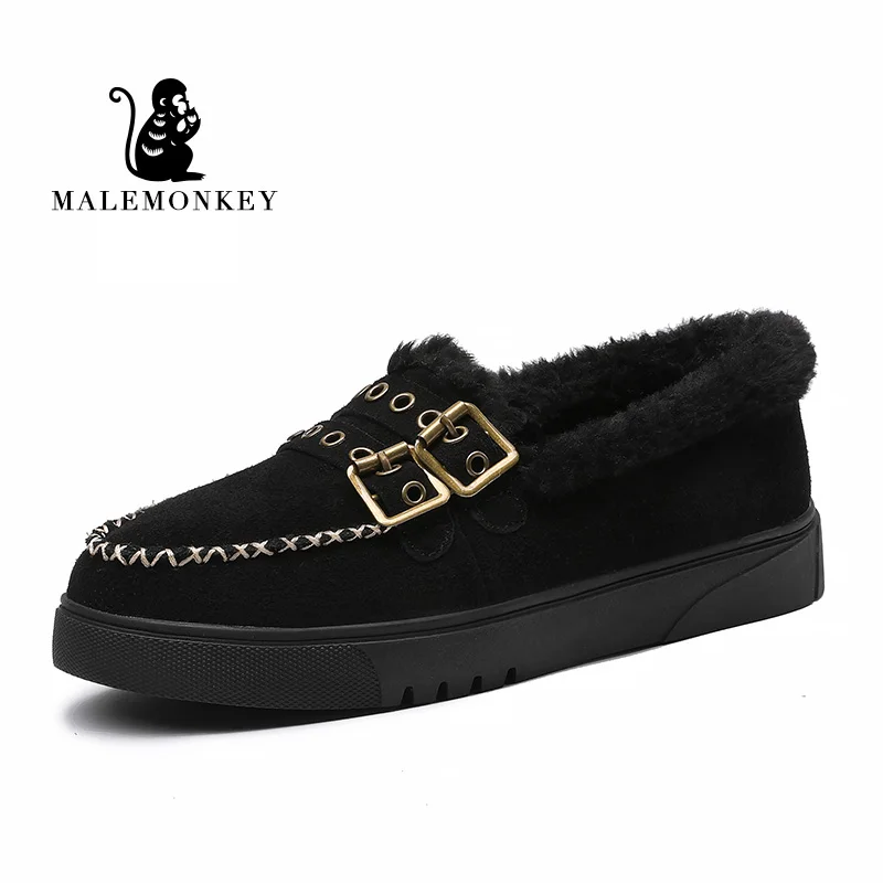 Malemonkey/Size35-40; зимняя теплая и утолщенная модная женская обувь на плоской подошве; слипоны - Цвет: Black