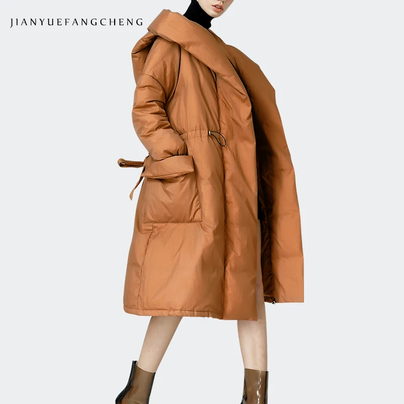 Caramel Color Модное женское зимнее пуховое пальто больших размеров, пальто выше колена с капюшоном, теплое, утолщенное, слегка утиный пух, женское длинное пуховое пальто - Цвет: Caramel Color