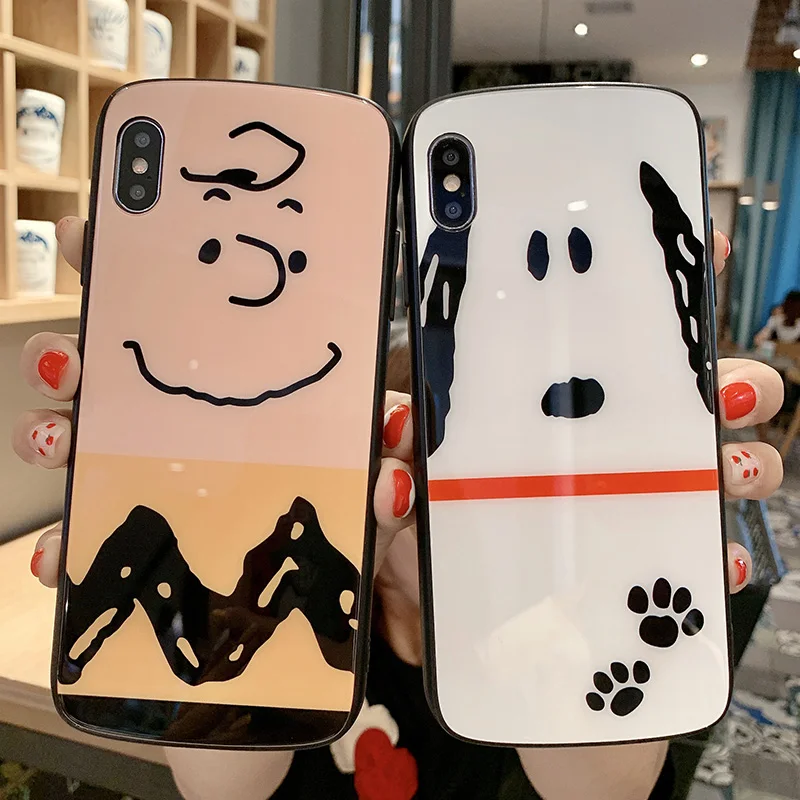 

TPU Silicone Cover For Iphone 6 7 8 S Plus X XR XS XSMAX Funny Cartoon Snoopy Charlie Tempered Glass Mobile Phone Fitted Case