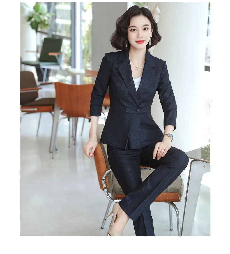blue coat and pant IZICFLY стиль коричневые брюки и Куртка рабочие костюмы для женщин офисные бизнес из двух частей дамы офисный Блейзер комплект со штанами - Цвет: blue coat and pant