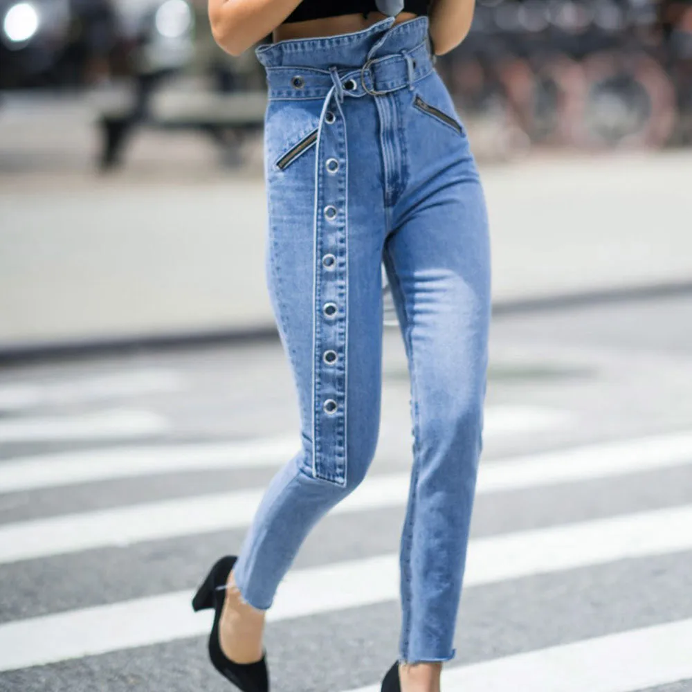 Модные женские джинсы с высокой талией, с цветочным узором, с карманами, обтягивающие джинсы, брюки+ ремень, сексуальные брюки, уличная джинсовая одежда L42