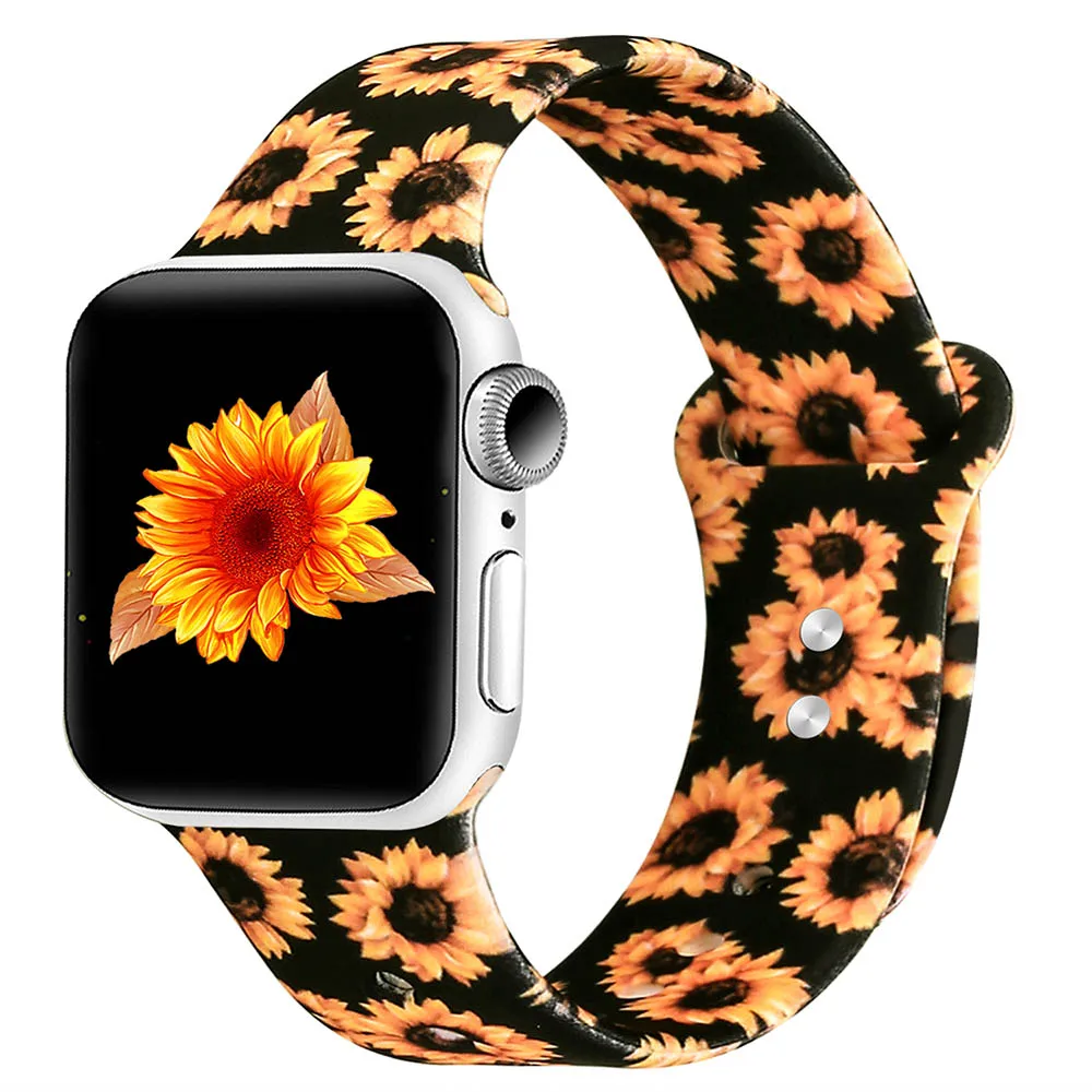 Двусторонний силиконовый ремешок с принтом для Apple Watch 38 мм 42 мм 40 мм 44 мм резиновый спортивный ремешок для iwatch серии 5 4 3 2 1 браслет - Цвет ремешка: Sunflower