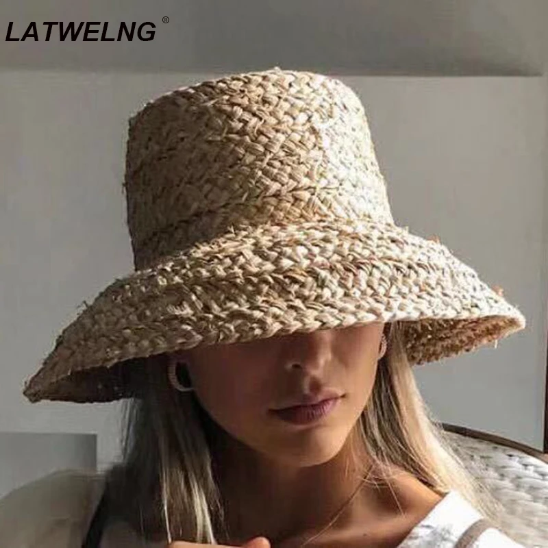 Wholesale Women Wide Brim Raffia Beach Hats Flat Summer Sun Hat Ladies UV Bucket 1