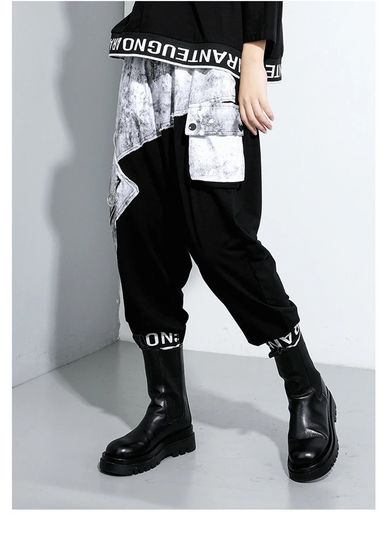 [EAM] High Elastic Waist Black Denim Split Harem Trousers New Loose Fit Pants Women Fashion Tide Spring Autumn 2020 1DA131
