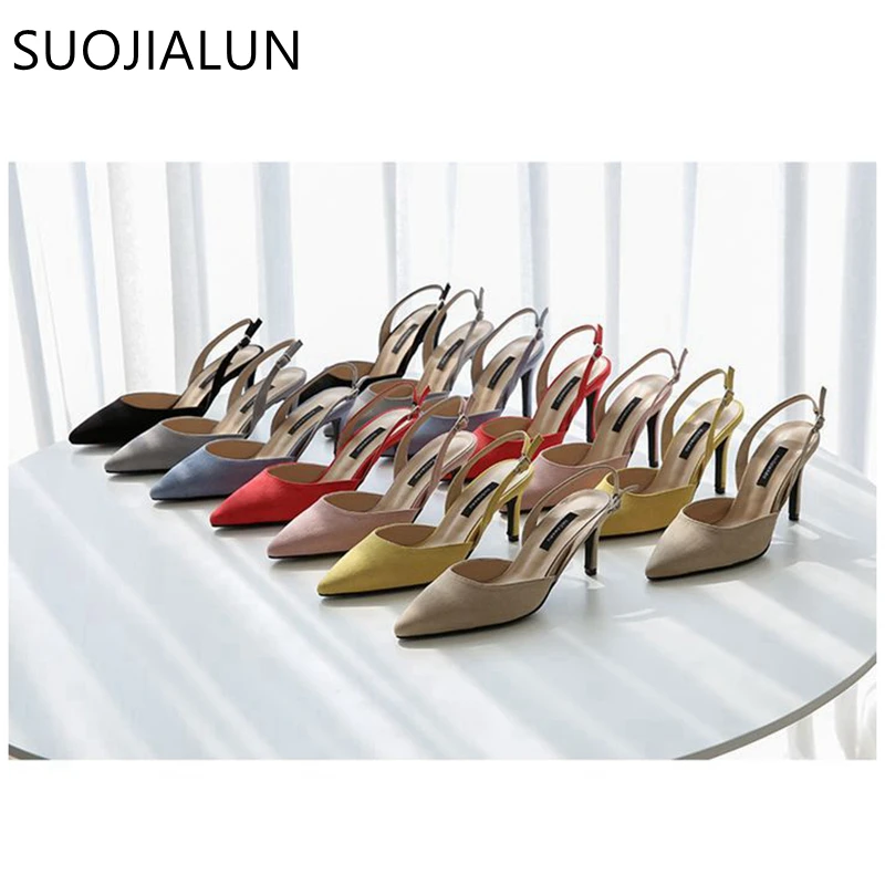 SUOJIALUN/женские туфли-лодочки; модные элегантные летние Брендовые женские босоножки на высоком каблуке; обувь для вечеринок; Офисная Женская обувь без застежки с острым носком