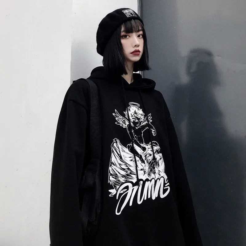 Lychee Harajuku Dark Angel Женская флисовая толстовка с капюшоном, повседневные свободные женские толстовки с капюшоном, весенне-осенние дамские свитшоты с капюшоном