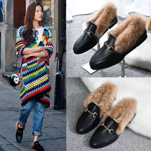 

Fluffy Shoes Women's Autumn And Winter plus Velvet Rabbit Hair Shoes Lazy Warm Moccosins Cotton-padded Shoes Flat Small Leather