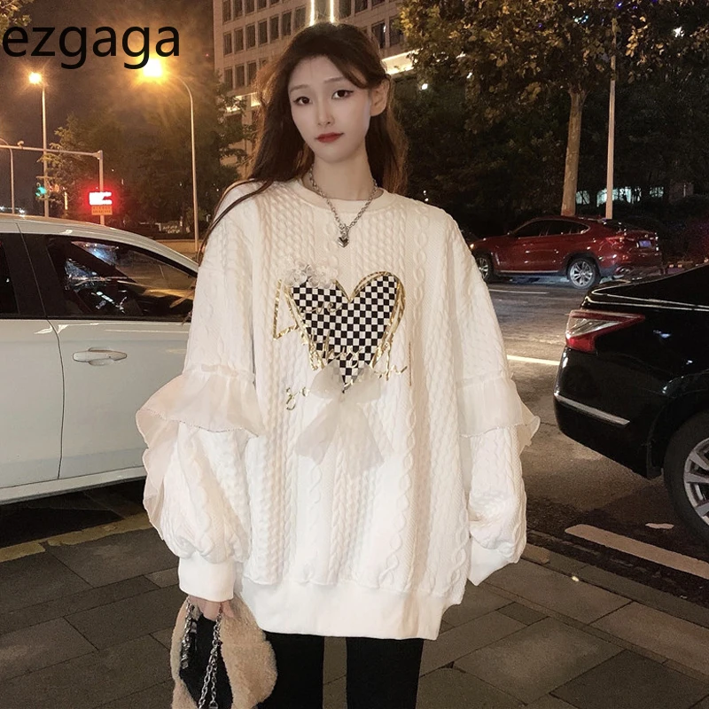 Ezgaga корейский шикарный Женский свитшот осень-зима Милая любовь пэчворк лента Biw
