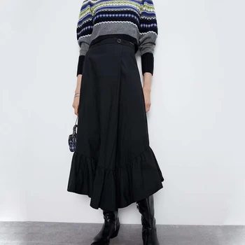 

ZA 2019 Women's Autumn and Winter Skirts Laminated Decorative A-shaped Style Asymmetric Hem Side Stitching Black Light Tan Skirt