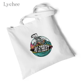 

Lychee Harajuku Skull Printed White Canvas Bag Travel Bag Storageenvironmental Reusable Handbag Foldable Large Shoulder Bag