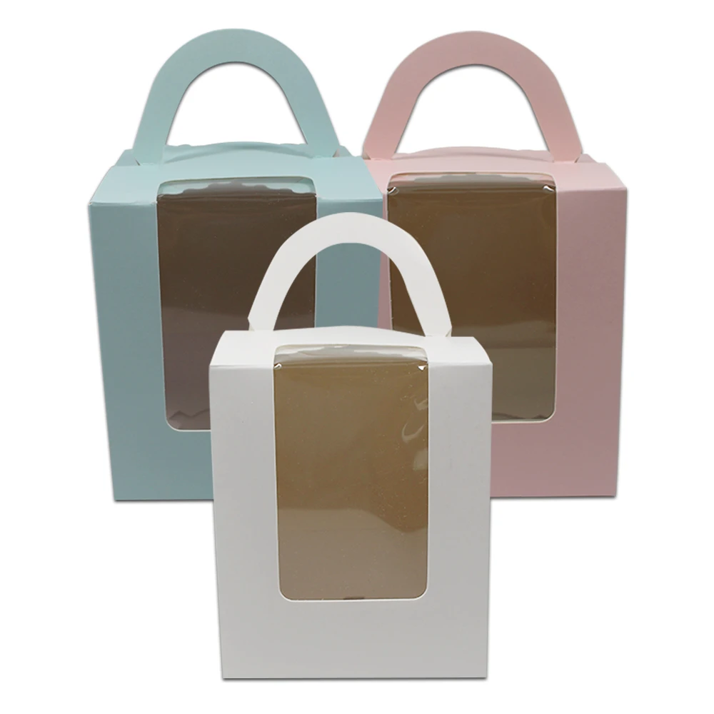 

100pcs/Lot 9.5*9.5*11cm DHL Plastic Clear Window Packaging Paper Box For Cupcake Baking Food Pack With Handles Boxes Party Favor
