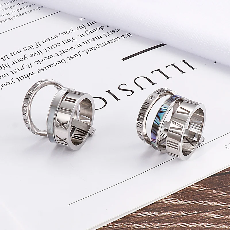 Anelli in acciaio inossidabile con conchiglia alla moda per donne Ragazze Tre strati Numeri romani Strass Anelli da sposa da donna Gioielli - immagine 5