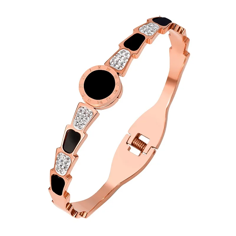 Luxury Crystal CZ Zircon Charm Beads Roman Numerals Wristband Bangles For Fashion Zirconia Big Black Stone Women Bangles Jewelry