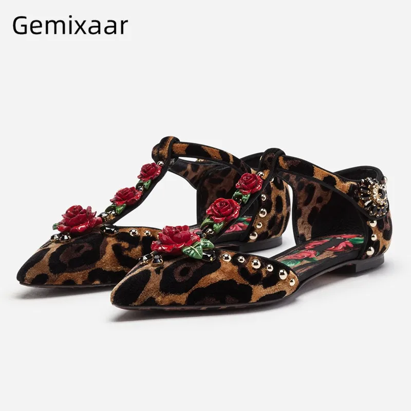 

T-Strap Buckle Women Shoes Side Open Leopard Print Sexy Footwear Point Toe Decor Flowers Shoes Mujer Fashion Rivets Woman Flats