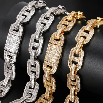 

Cuban Link Chain Iced Out Bling Heavy Baguette AAA CZ Stone Chain Coffee Beans Bracelet Necklace Hip Hop Jewelry for Men Women