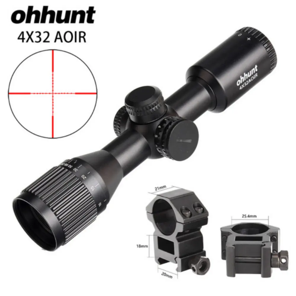 Ohhunt 4X32 AOIR компактный прицел для винтовки Mil Dot красная и зеленая подсветка охотничья оптика оптические прицелы заполняющий азот область с кольцами - Цвет: with Picatinny Rings